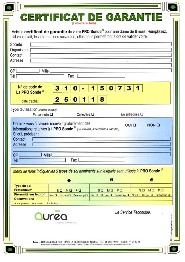 380 PRO Sonde garantie 380 PRO Sonde garantie